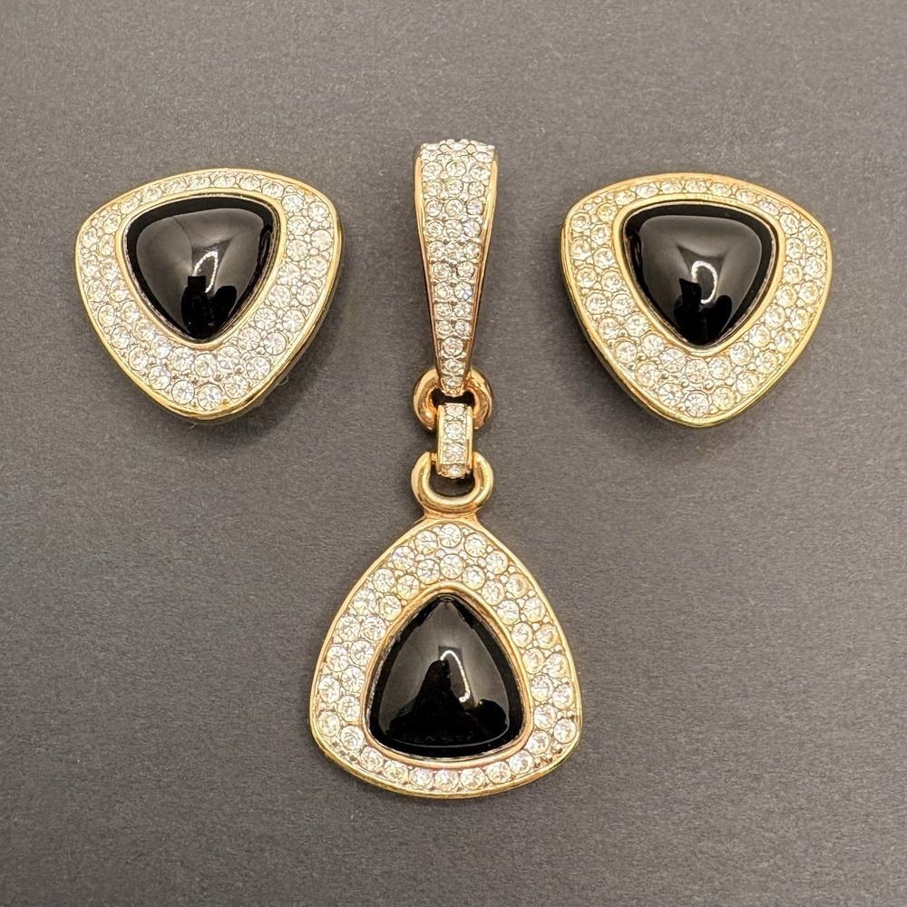 Vintage Swarovski SAL Crystal Pendant Clip Earrings Set Gold Tone Glossy Black